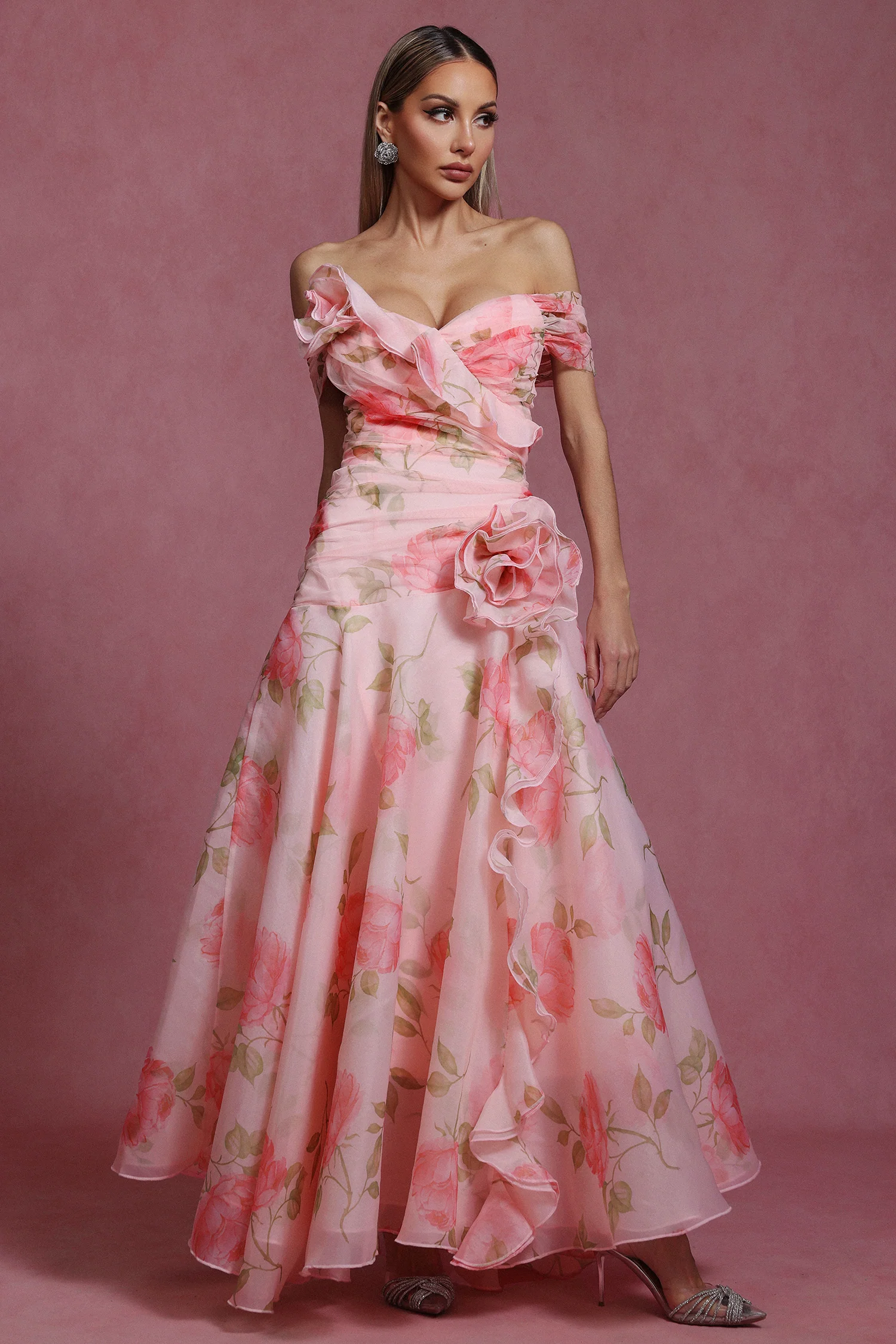 Rochie maxi, fara manexi, cu motiv floral [4]
