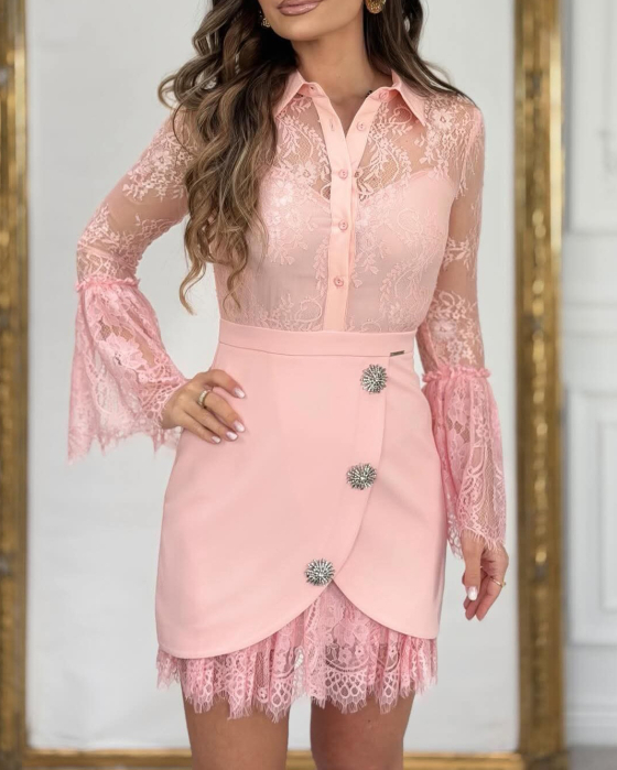 Rochie de ocazie, roz, din dantela premium [2]