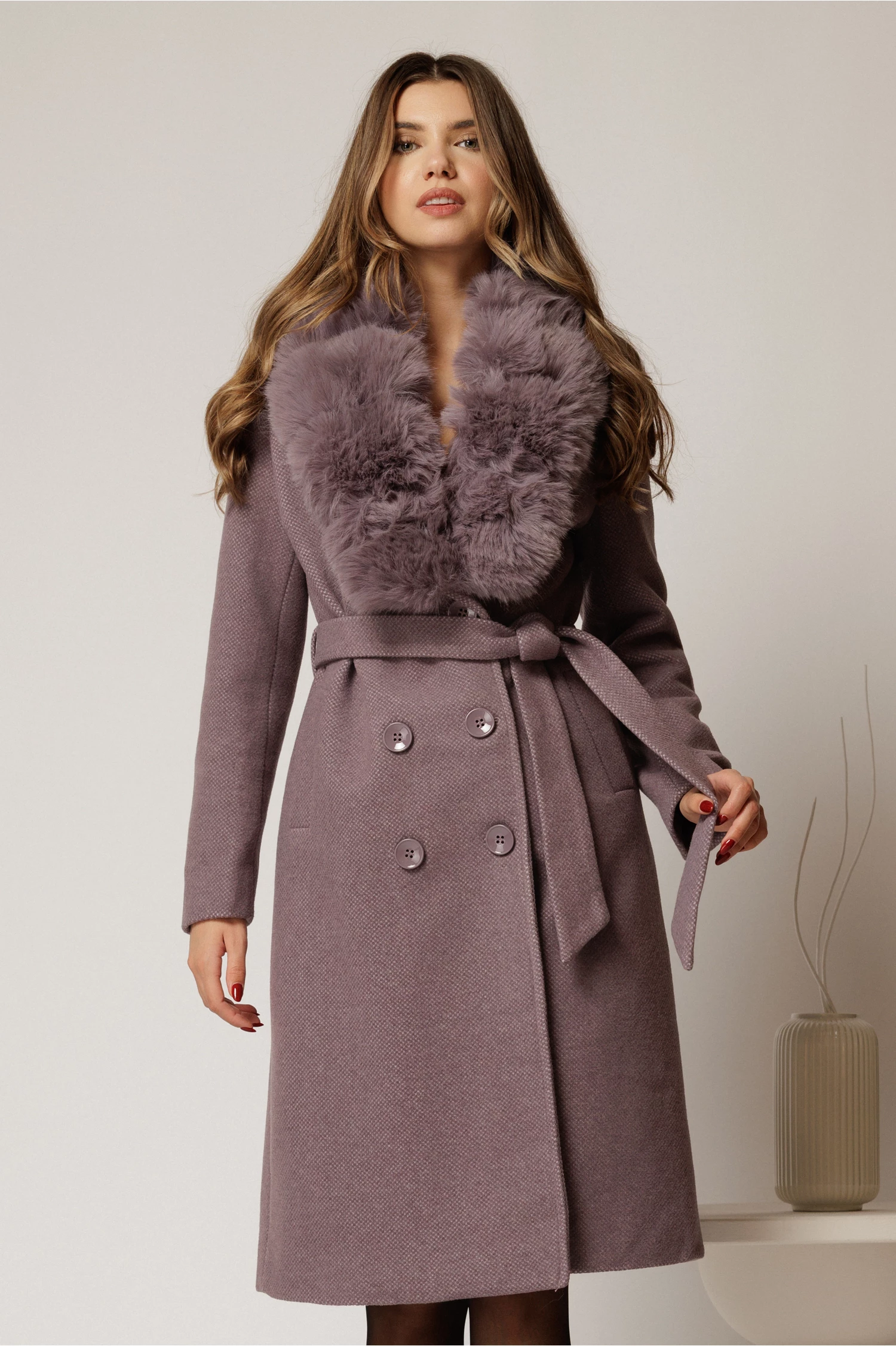Palton lila midi drept cu blanita la guler [1]