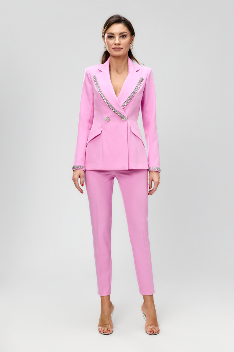 Compleu elegant, roz, cu revere accesorizate cu detalii din cristale si pantaloni conici BBY 20616 [2]
