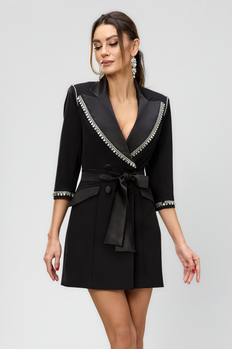 Rochie sacou neagra, eleganta, revere extrem de pretioase accesorizate cu cristale, fusta parte peste parte si cordon in talie BBY 20625 [1]