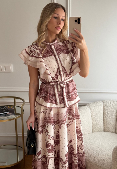 Compleu spectaculos din organza imprimeu dantelat bluza cu volane si fusta midi [4]