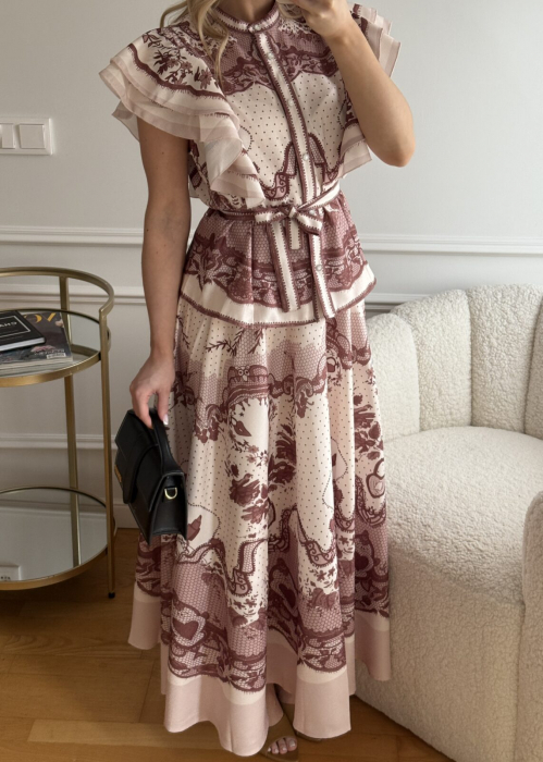 Compleu spectaculos din organza imprimeu dantelat bluza cu volane si fusta midi [5]