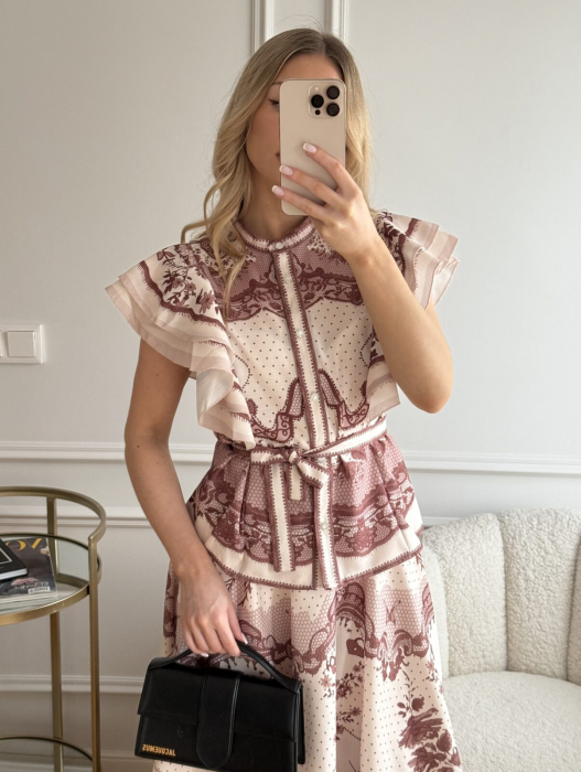 Compleu spectaculos din organza imprimeu dantelat bluza cu volane si fusta midi [2]