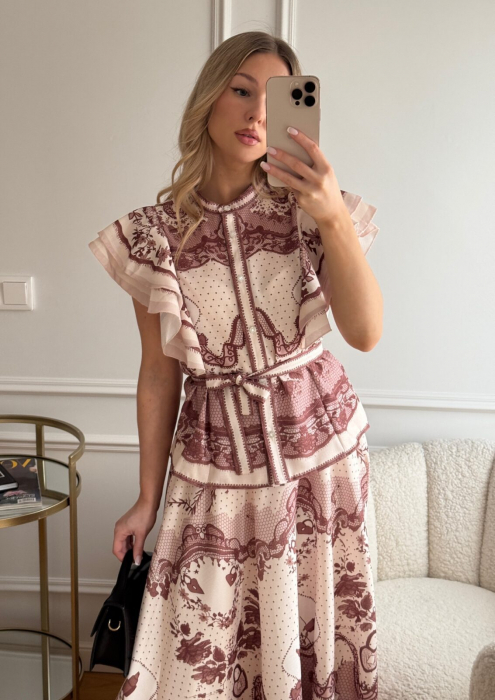 Compleu spectaculos din organza imprimeu dantelat bluza cu volane si fusta midi [3]