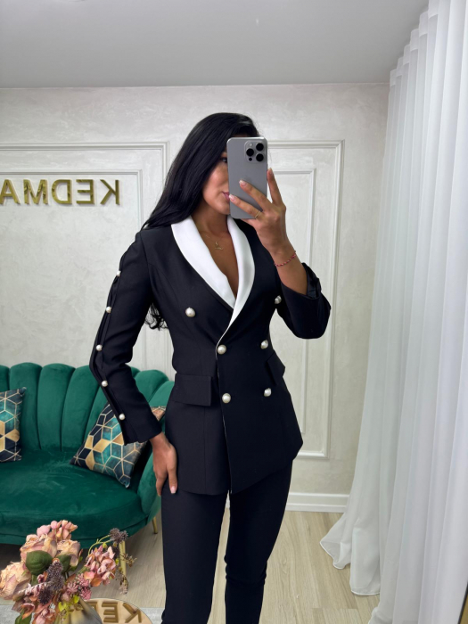 Costum Sacou Elegant Alb-Negru cu Detalii Perlă [1]