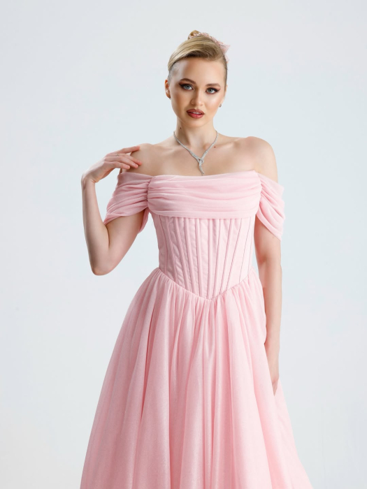 Rochie de Seară Midi din Tul cu Sclipici, Corset și Umeri Căzuți – Roz Pudră [4]