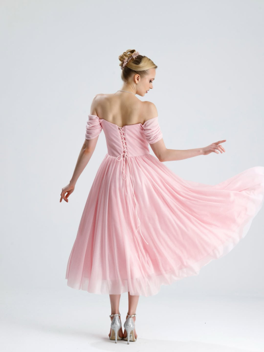 Rochie de Seară Midi din Tul cu Sclipici, Corset și Umeri Căzuți – Roz Pudră [5]