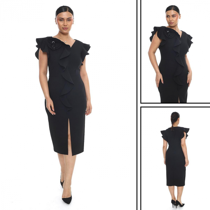Rochie midi cu slit pe picior si accesoriu trandafir pe umar [5]