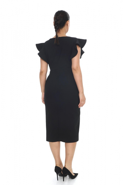 Rochie midi cu slit pe picior si accesoriu trandafir pe umar [4]