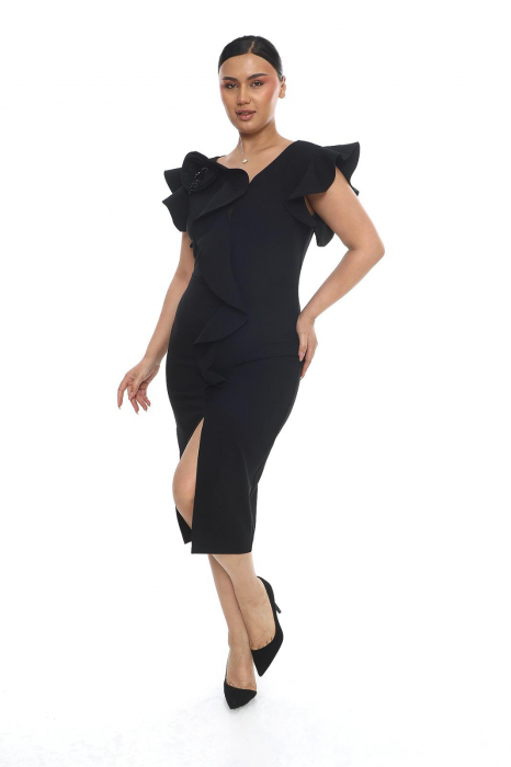 Rochie midi cu slit pe picior si accesoriu trandafir pe umar [2]