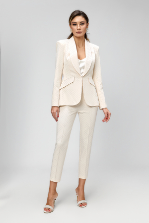 Costume - Compleu ecru, elegant, din stofa, cristale si pantaloni conici cu talia inalta BBY 20609