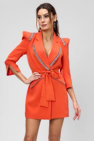 Rochii - Rochie sacou portocalie, eleganta, revere extrem de pretioase accesorizate cu cristale, fusta parte peste parte si cordon in talie BBY 20627