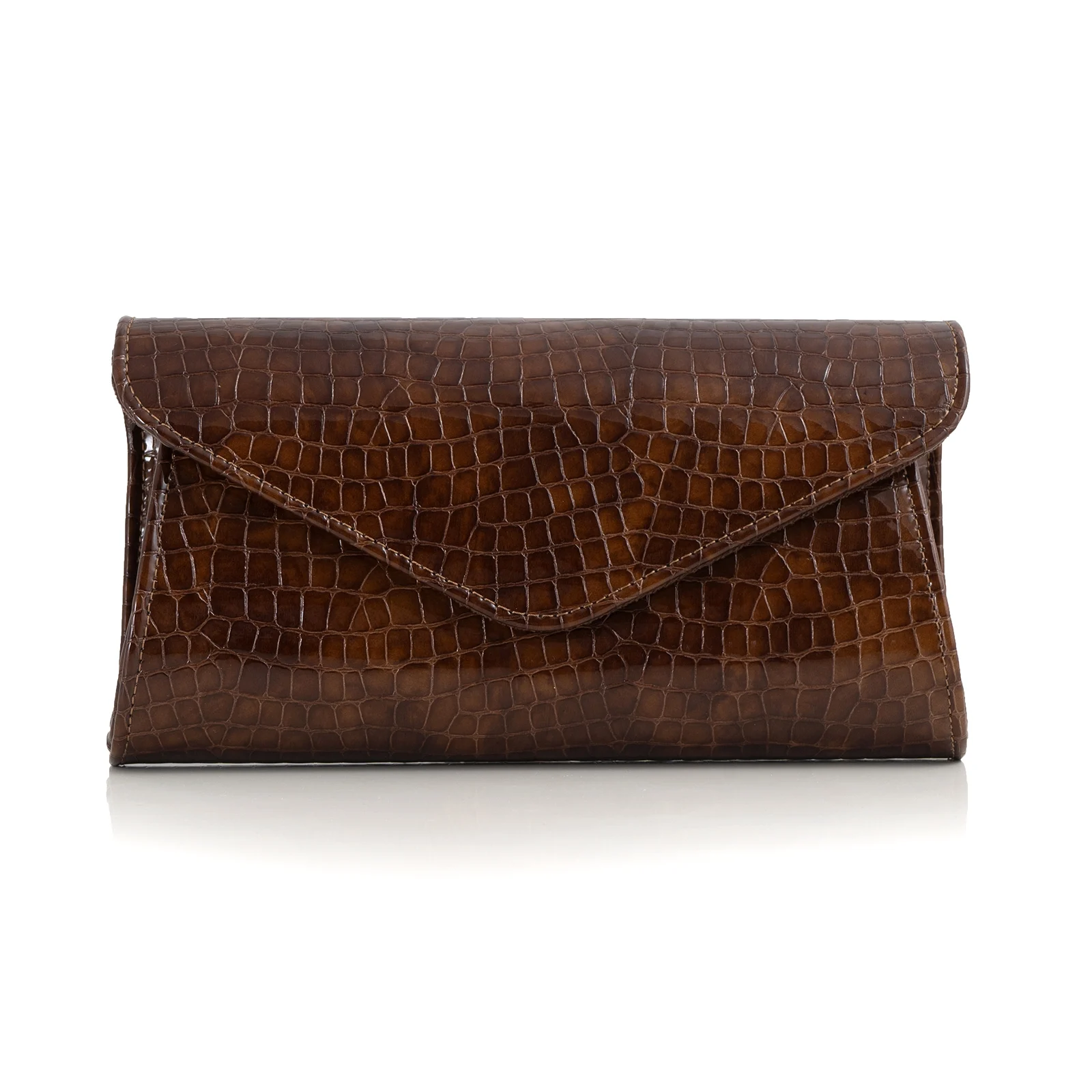 Plicuri - POSETA PLIC EMMA, CAPAC IN V, DIN PIELE LACUITA MARON, CU ASPECT TIP CROCO