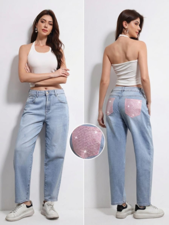 Jeans - Blugi Dama Mom Fit Bleu cu Buzunare Strasuri Roz