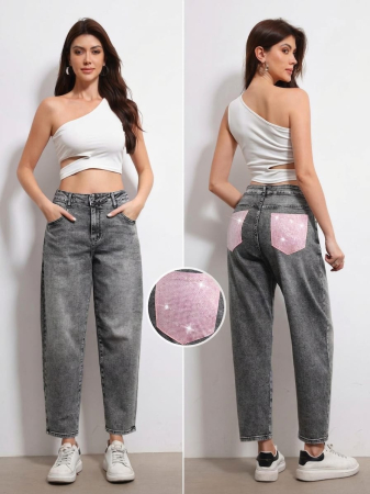 Jeans - Blugi Dama Mom Fit Gri cu Buzunare Strasuri Roz