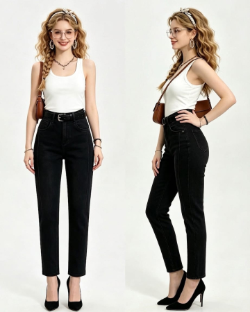 Jeans - Blugi Damă Straight-Fit cu Talie Înaltă – Negru Clasic