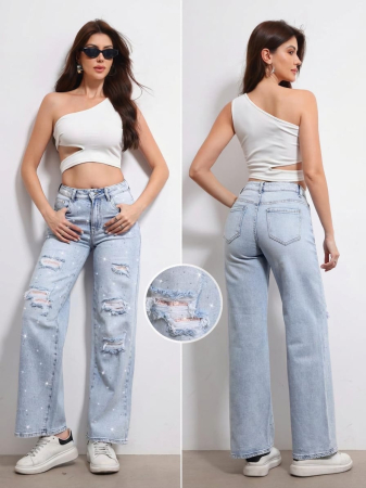 Jeans - Blugi Dama Wide-Leg Bleu cu Rupturi și Strasuri Strălucitoare GlamDenim