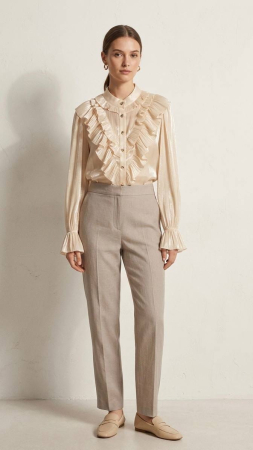 Camasi - Bluza din satin cu guler tunică și volane dramatice