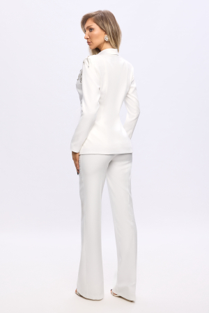 Compleu alb din doua piese: sacou cu pene si revere+pantaloni evazati [3]