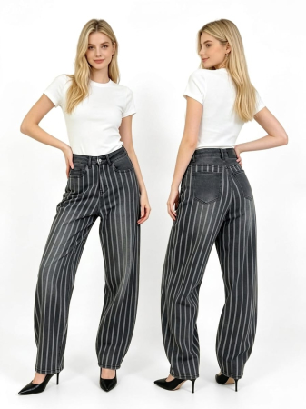 Jeans - Pantaloni din denim baggy/wide-leg cu dungi verticale