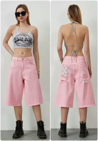 Jeans - Pantaloni Scurți Denim Baggy Roz Jowsa – Cu Ștrasuri