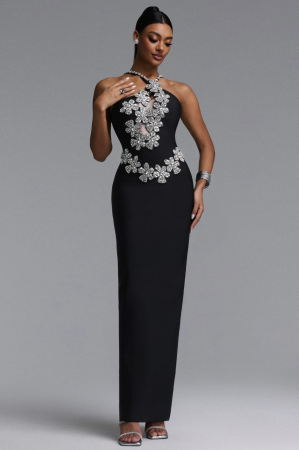 Imbracaminte - Rochie de Seară Maxi Premium – Eleganță Absolută cu Aplicații Florale din Strasuri
