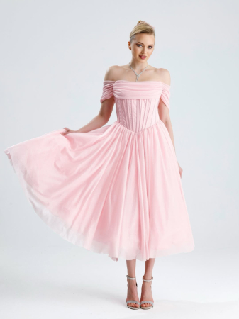 Rochii - Rochie de Seară Midi din Tul cu Sclipici, Corset și Umeri Căzuți – Roz Pudră