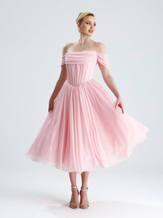 Rochie de Seară Midi din Tul cu Sclipici, Corset și Umeri Căzuți – Roz Pudră [1]