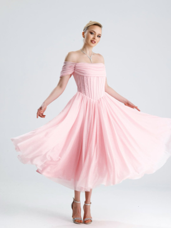Rochie de Seară Midi din Tul cu Sclipici, Corset și Umeri Căzuți – Roz Pudră [2]
