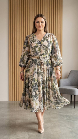 Rochie Elegantă Midi din Voal cu Imprimeu Floral și Curea