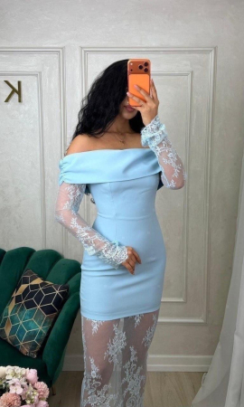 Rochie Lungă Bleu cu Detalii din Dantelă si fusta din dantela detasabila