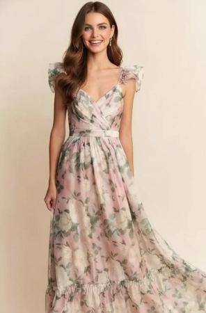 Rochie Maxi Elegantă cu Imprimeu Floral și Volane [1]