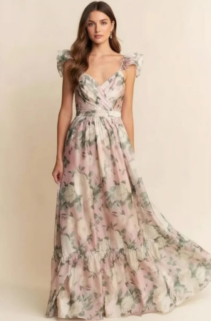Imbracaminte - Rochie Maxi Elegantă cu Imprimeu Floral și Volane