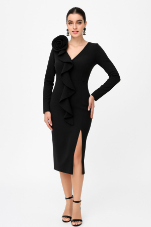 Imbracaminte - Rochie midi cu maneca lunga si slit pe picior neagra