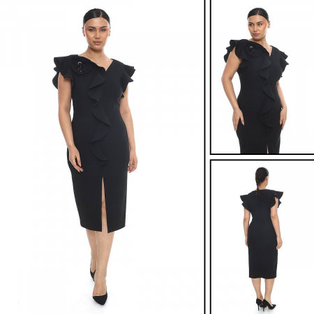 Rochie midi cu slit pe picior si accesoriu trandafir pe umar [4]