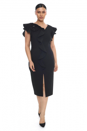Rochii - Rochie midi cu slit pe picior si accesoriu trandafir pe umar