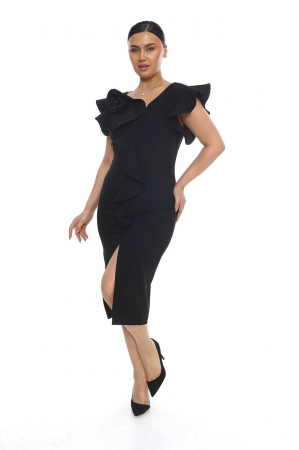 Rochie midi cu slit pe picior si accesoriu trandafir pe umar [1]