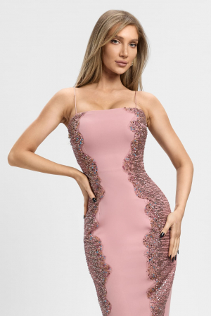Imbracaminte - Rochie midi, roz, cu insertii de dantela ondulata in lateral