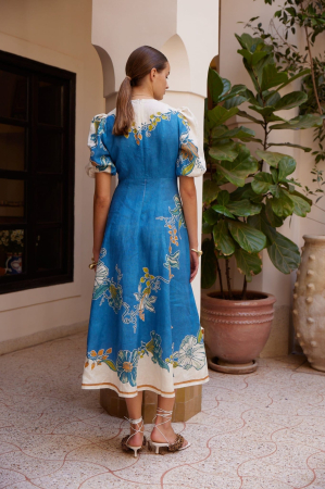 Rochie Midi cu Imprimeu Floral și Mâneci Bufante – Albastru/Alb [2]