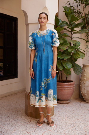 Imbracaminte - Rochie Midi cu Imprimeu Floral și Mâneci Bufante – Albastru/Alb