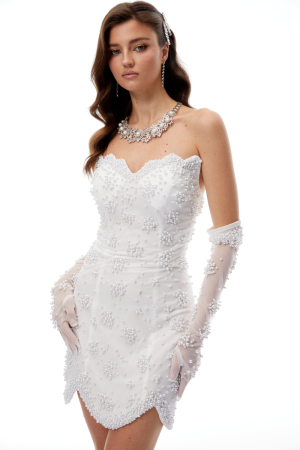 Rochie Mini– Alb Imaculat, cu Corset Inimă și Aplicațiide Perle [2]