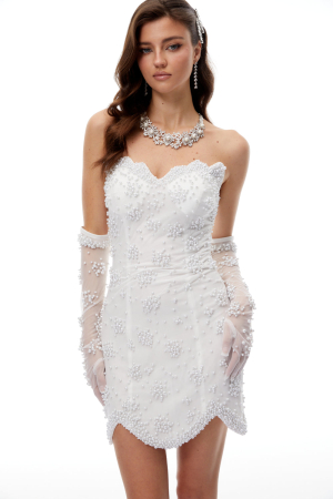 Rochie Mini– Alb Imaculat, cu Corset Inimă și Aplicațiide Perle [4]