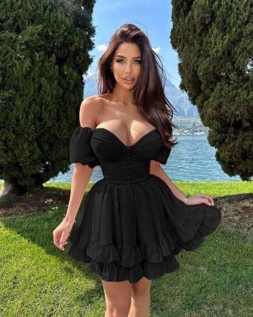 Imbracaminte - ROCHIE SCURTA CU CUPE SI NASTURI DE DECOR NEAGRA