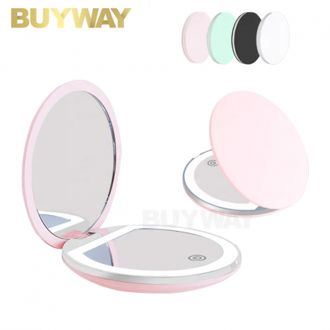 Oglinzi cosmetice - Oglinda mini roz eleganta si discreta, pentru machiaj,cu 2 fete, marire imagine de 2 or,  lumina LED,3 moduri de marire a intensitatii luminii, incarcare USB