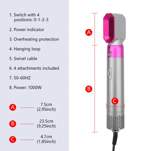 Uscător de Păr 5 în 1, cu perii multifunctionale interschimbabile, 3 trepte de temperatura, protectie par cu efect antistatic, 1000W, ofera  o experiență de coafare completă [5]