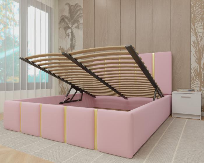 Dormitor MILANO Tapitat, 200X200 Alb cu oglinda, Somiera Rabatabila [3]