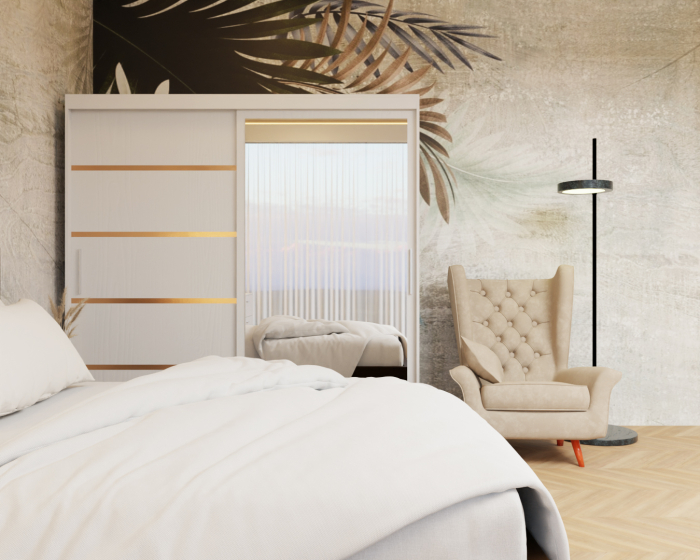 Dormitor Lotus Pat Tapitat Dressing 200x200 Alb cu oglinda [5]