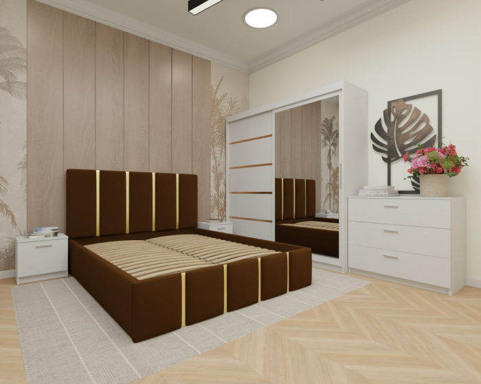 Dormitor MILANO Tapitat, 200X200 Alb cu oglinda, Somiera Rabatabila [2]