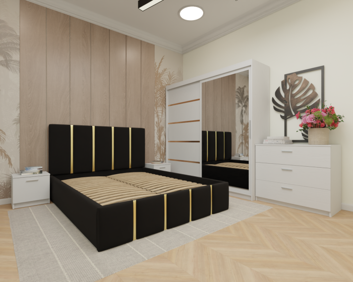 Dormitor MILANO Tapitat, 200X200 Alb cu oglinda, Somiera Rabatabila [2]